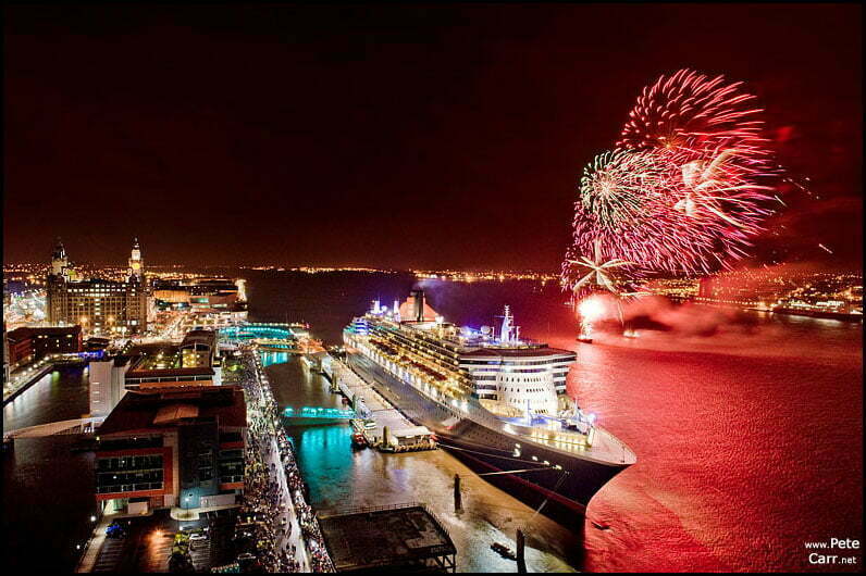 Queen Mary 2 in Liverpool with fireworks