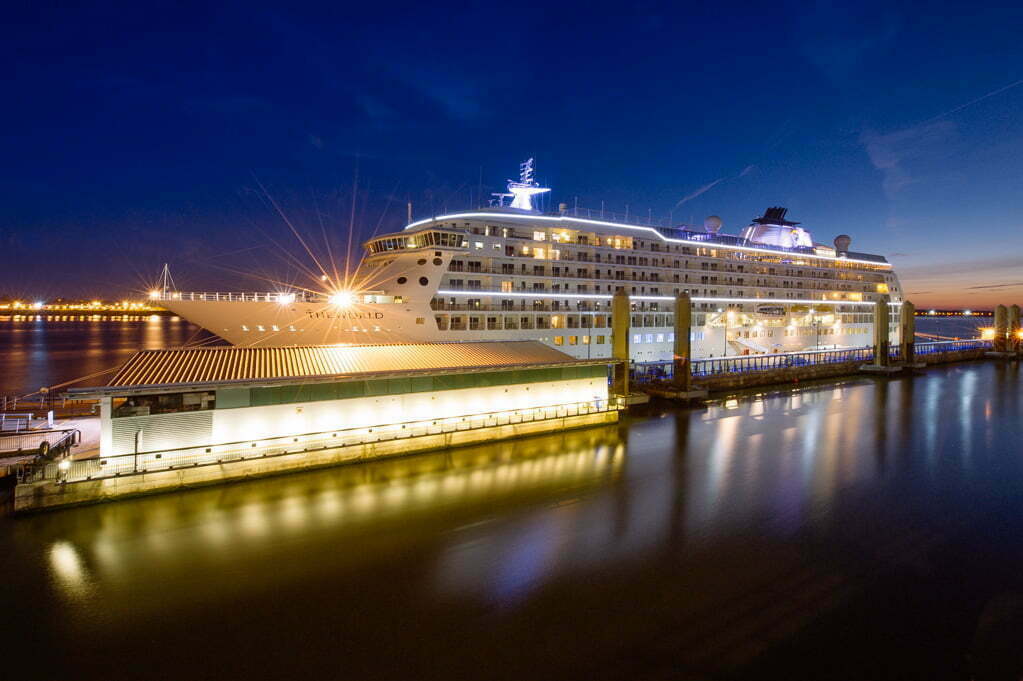The World cruise ship docked in Liverpool.