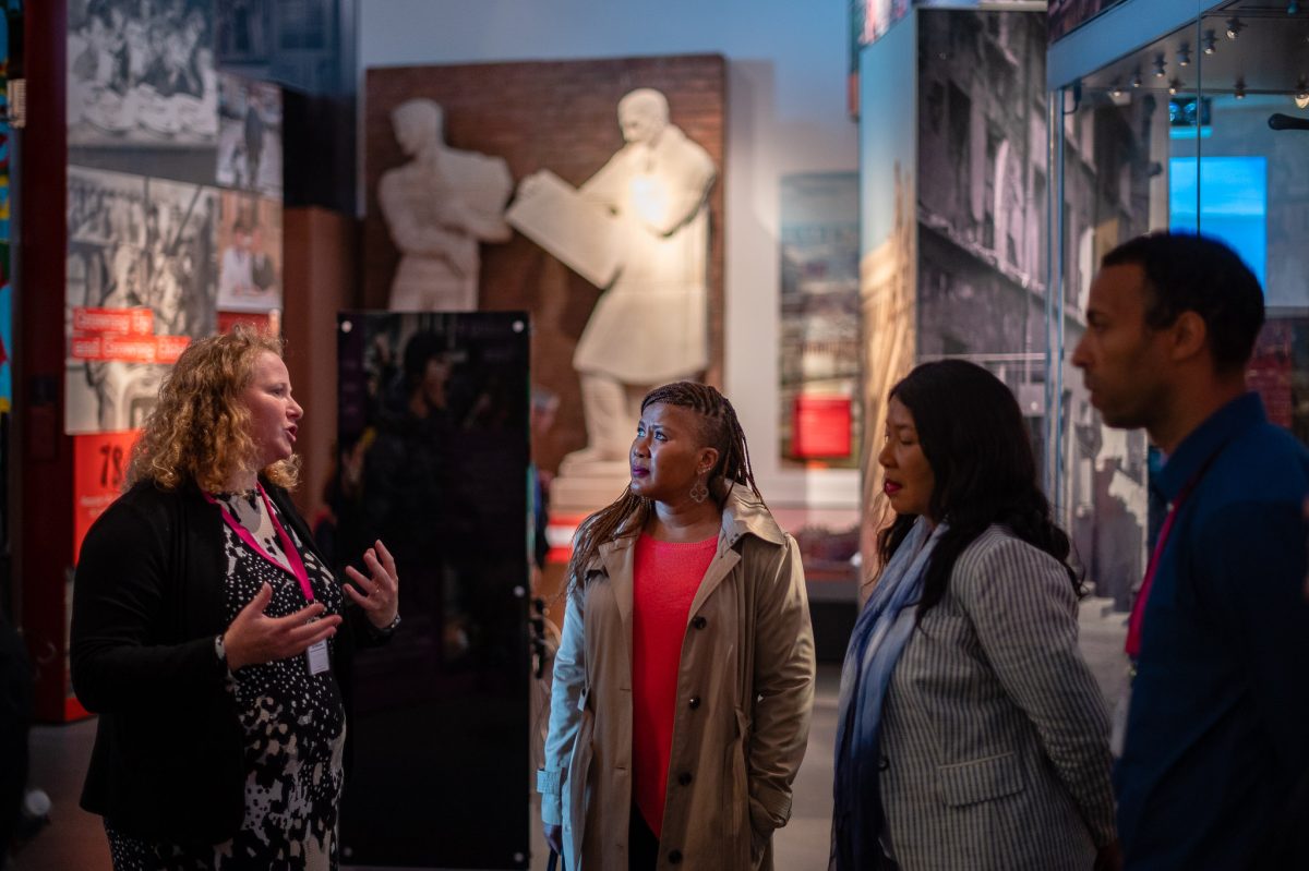 Dr Makaziwe Mandella and Tukwini Mandela chatting with the head of the Museum Liverpool.