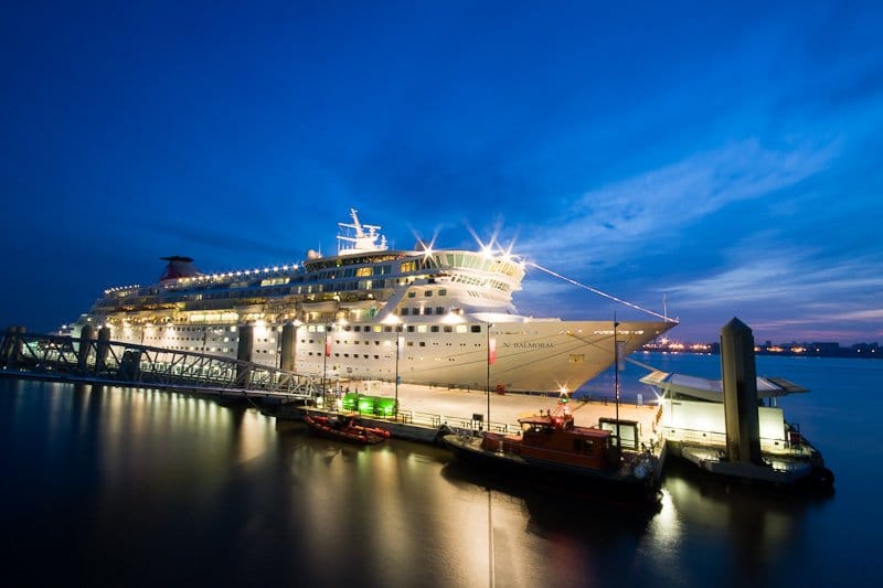Cruise ship Balmoral docked in Liverpool at dusk.