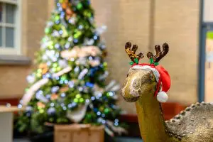 A model of a dinosaur wears a Christmas hat in front of a Christmas tree.