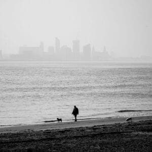 A silhouette of a person walking a dog along a beach, with a hazy urban skyline in the background.