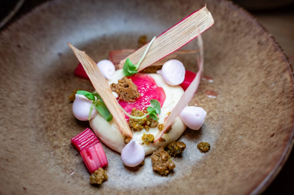 A close-up shot of a dessert plate featuring a creamy white mousse, rhubarb pieces, meringue kisses, and pistachio crumble. The dessert is artfully arranged on a rustic brown plate.