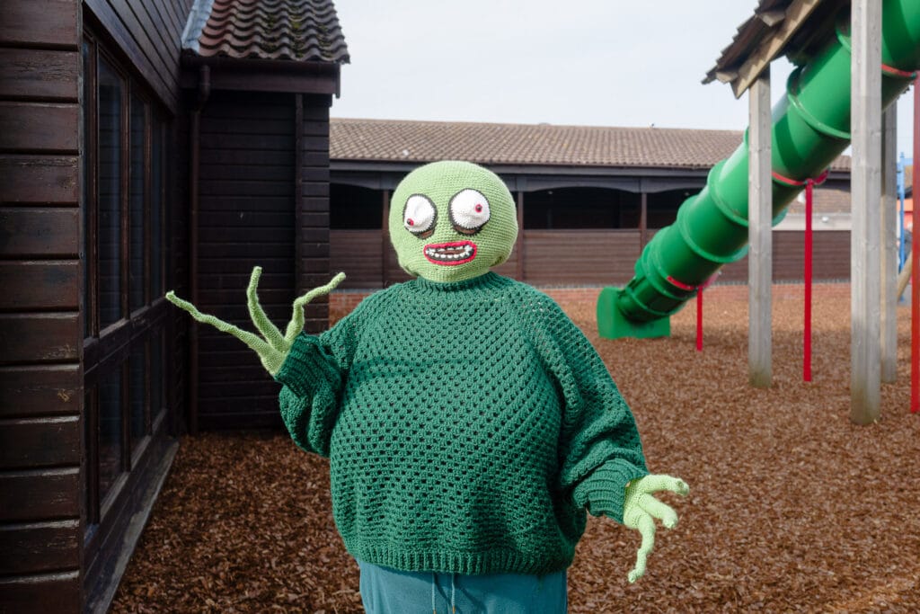 A person wearing a knitted Salad Fingers costume at the Sci-Fi Weekender in Great Yarmouth.