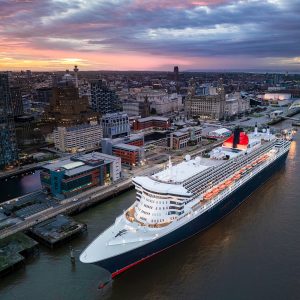 Queen Mary 2 and Liverpool Skyline - Drone